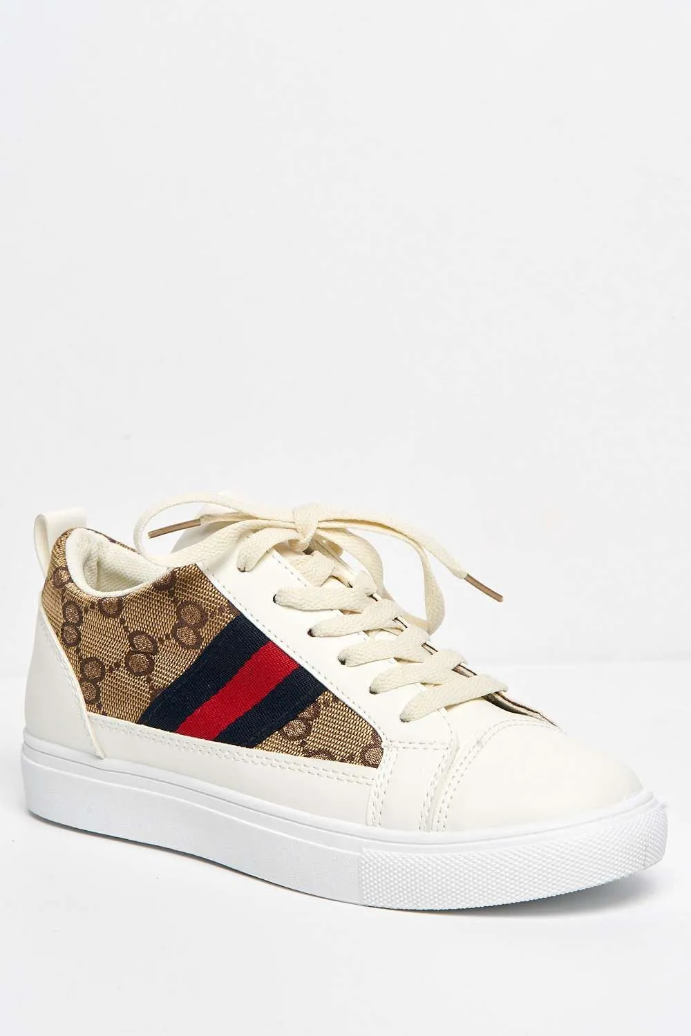 Goodie Three Stripe Patterned Lace-Up Trainers in Beige