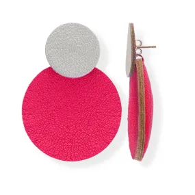 Handmade Leather Earrings Circles Silver Fucshia