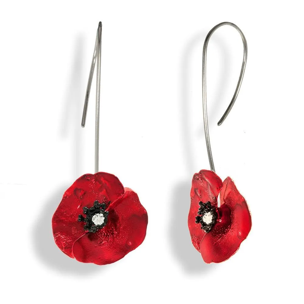 Handmade Silver Red Poppy Flower Drop Earrings