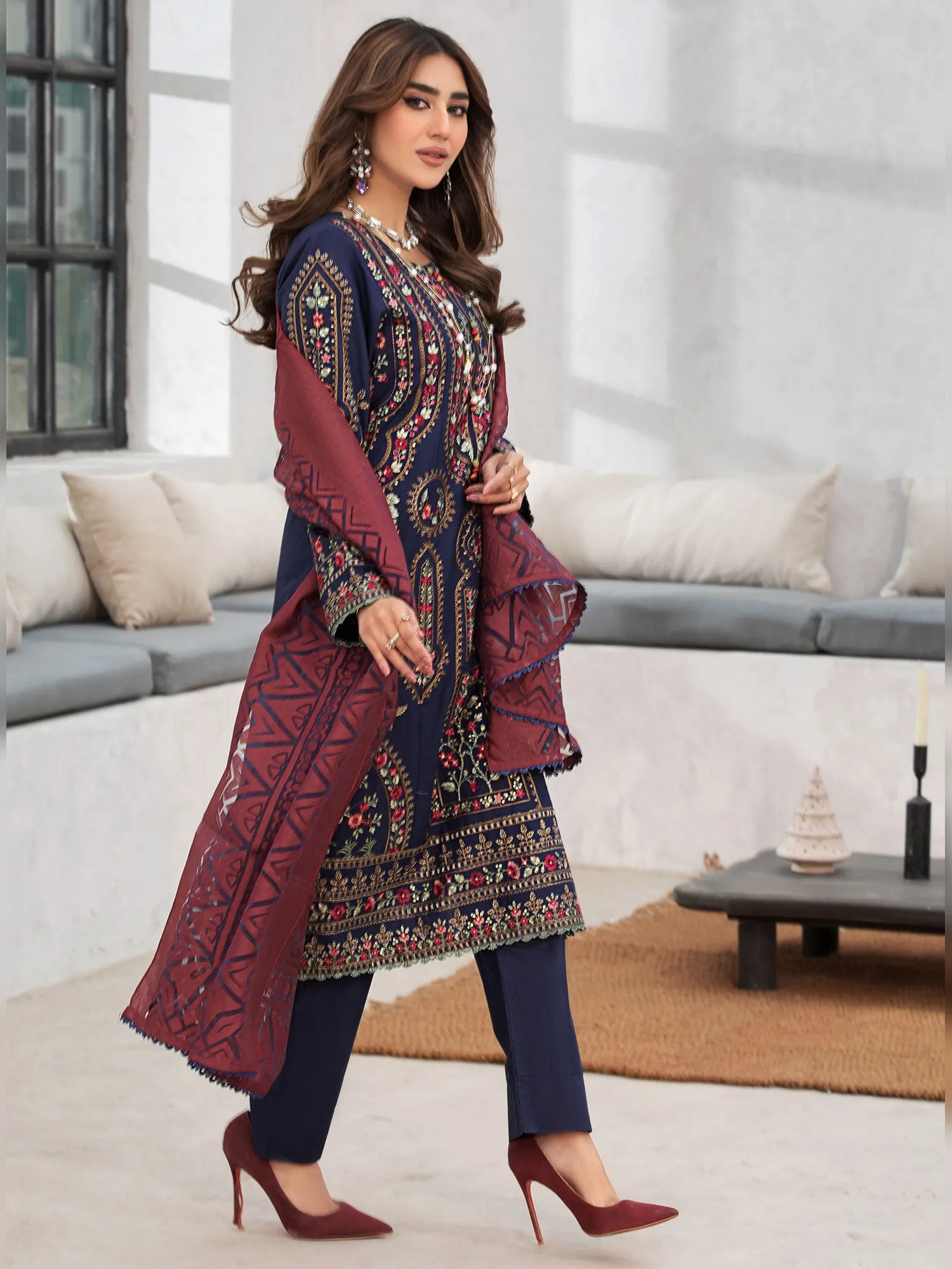 Heera's Navy Cambric Cotton Embroidered Formal Suit