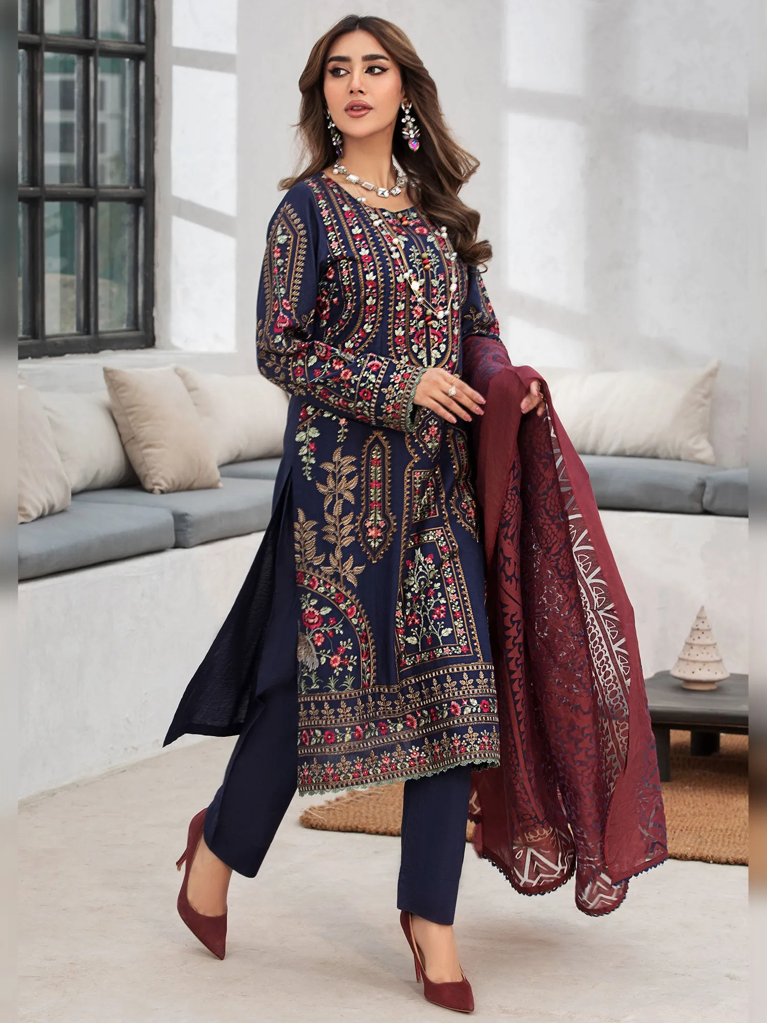 Heera's Navy Cambric Cotton Embroidered Formal Suit