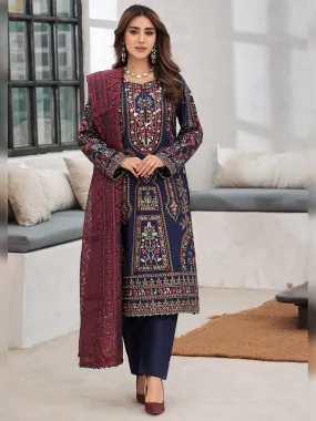 Heera's Navy Cambric Cotton Embroidered Formal Suit