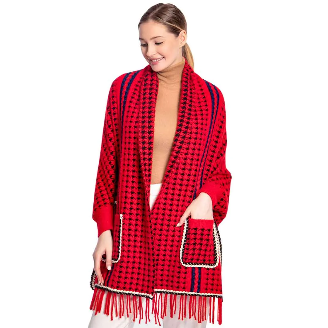 Houndstooth Patterned Poncho