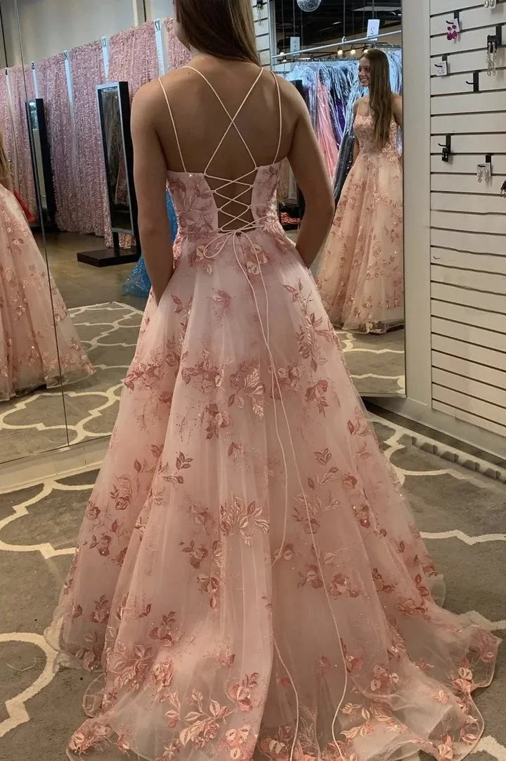 Lace Appliques Pink A Line Tulle Formal Evening Dresses Long Prom Dresses