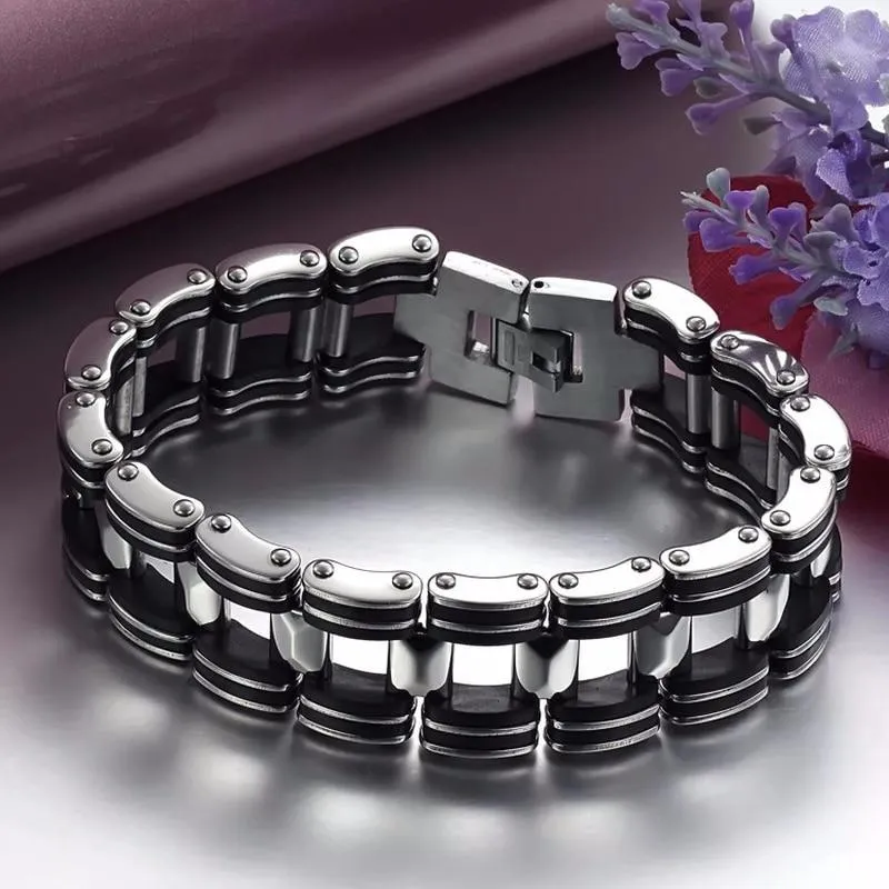 Luxury Titanium Biker Chain Bracelet Silver & Black