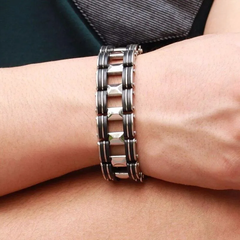 Luxury Titanium Biker Chain Bracelet Silver & Black