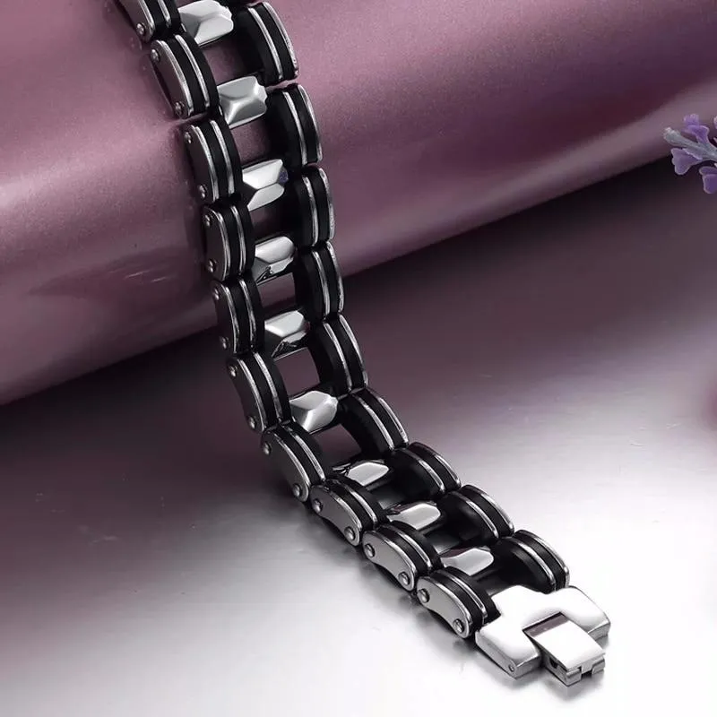 Luxury Titanium Biker Chain Bracelet Silver & Black