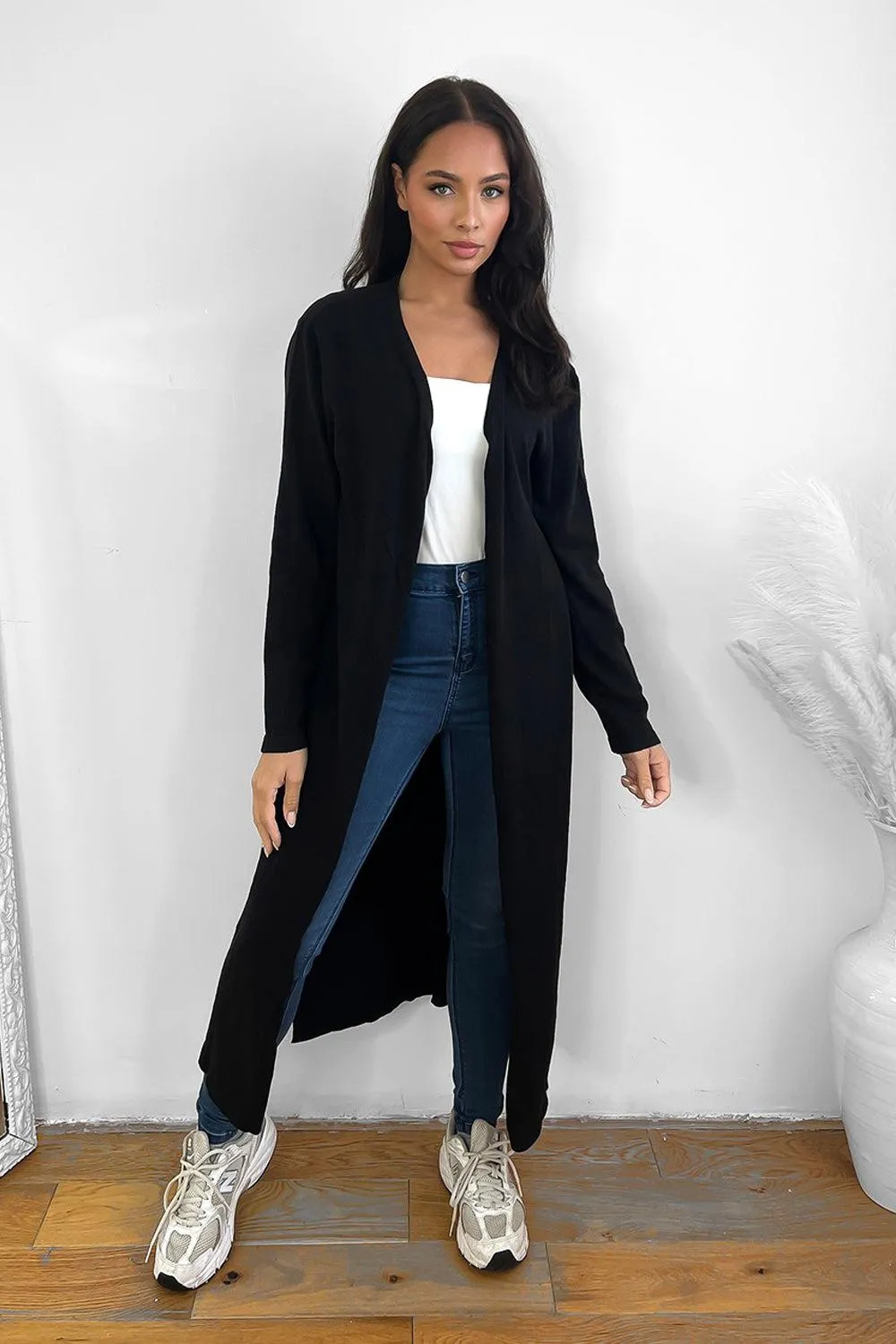 Midi Length Plain Open Front Cardigan