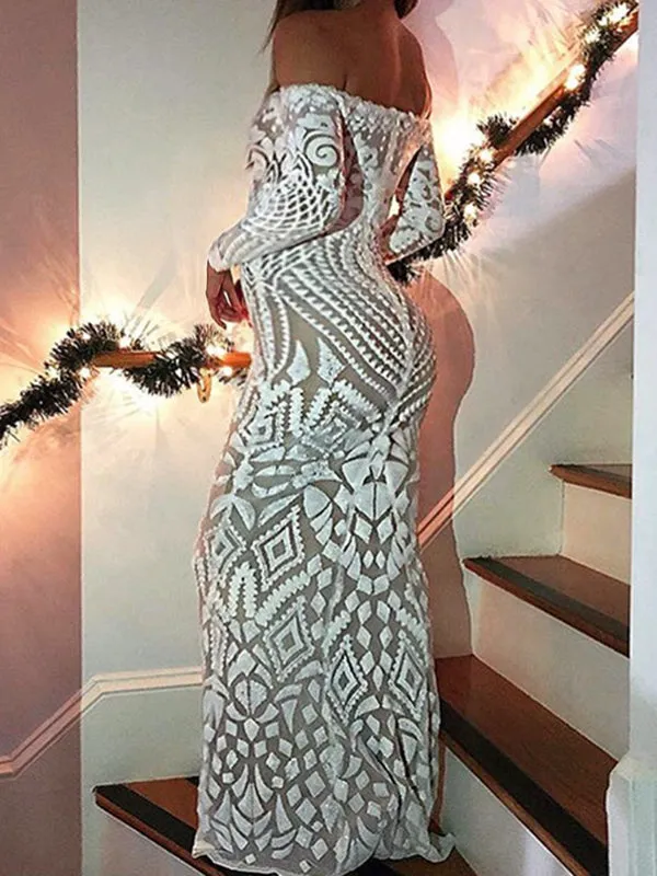 Momnfancy Bodycon Off Shoulder White Print Formal Long Sleeve Maternity Maxi Dress