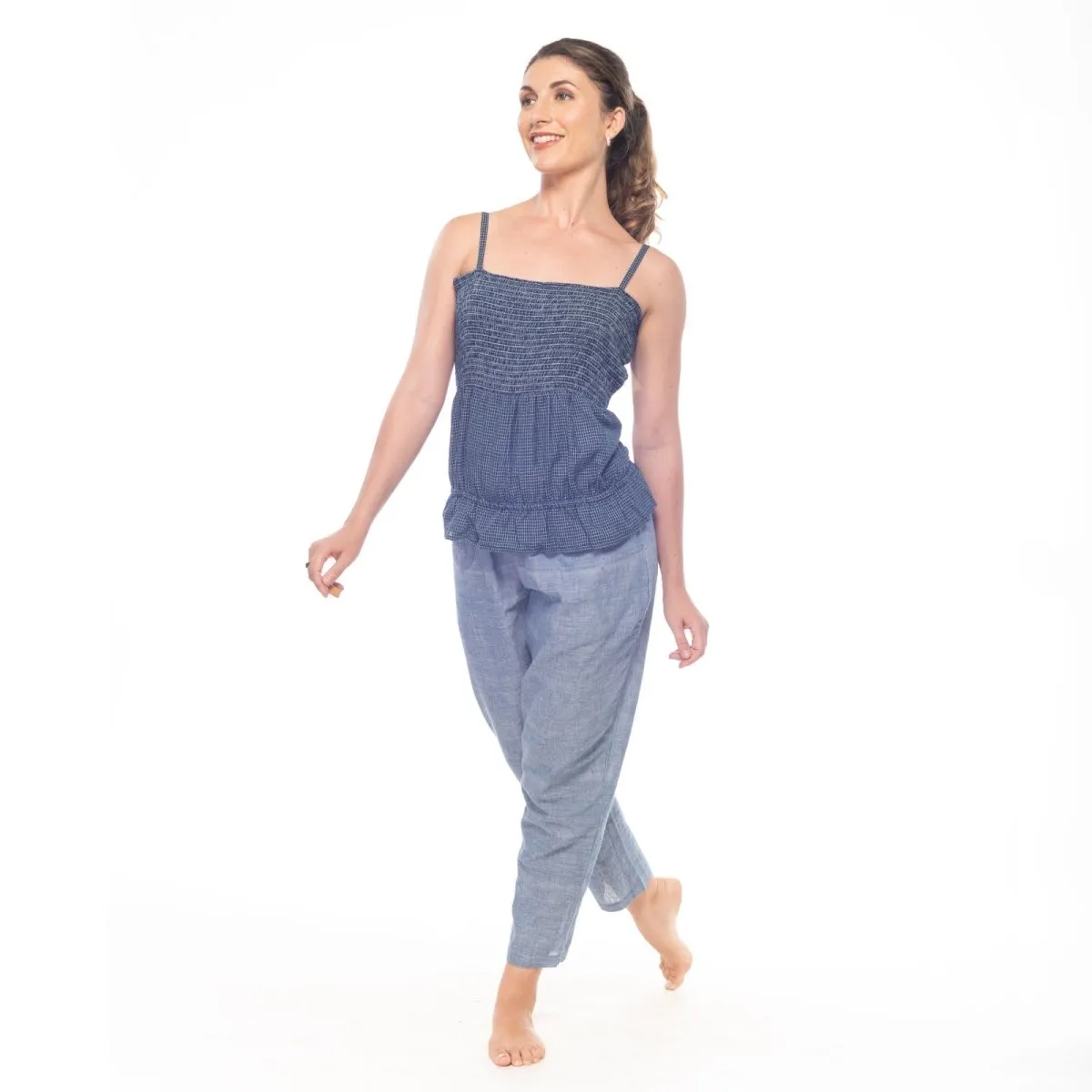 Navy-Blue Handwoven Cotton Sleeveless Strappy Smock Top | Strap Top for Women