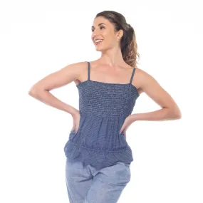 Navy-Blue Handwoven Cotton Sleeveless Strappy Smock Top | Strap Top for Women