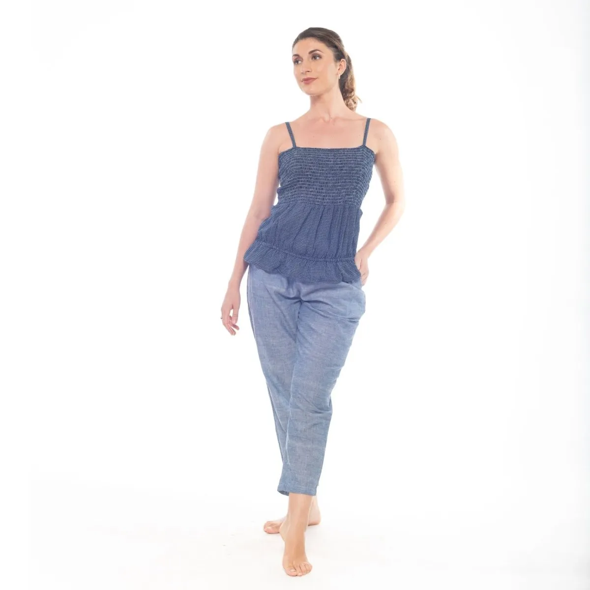 Navy-Blue Handwoven Cotton Sleeveless Strappy Smock Top | Strap Top for Women