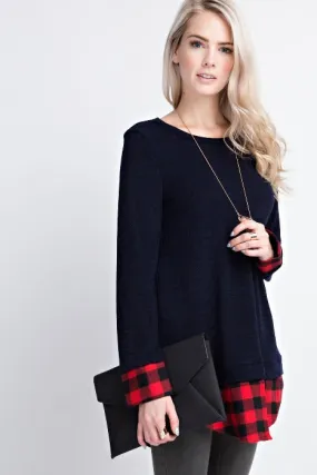 Navy Knit Top with Plaid Layer