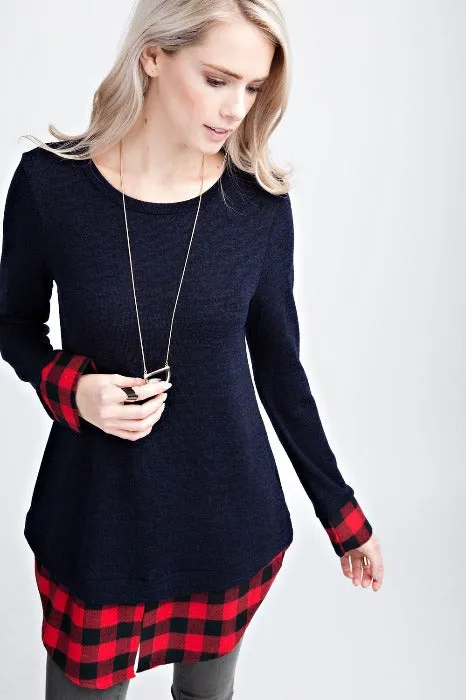 Navy Knit Top with Plaid Layer