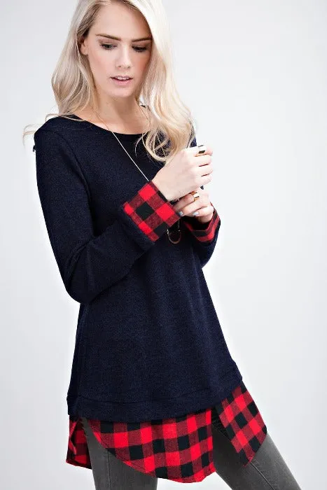 Navy Knit Top with Plaid Layer