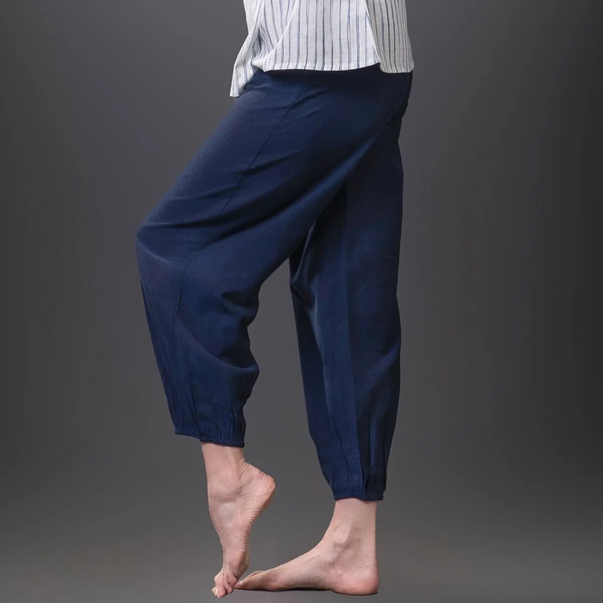 Navy-Stripe Handwoven Cotton Tied-Up Top & Navy Yoga Jogger | Athleisure Jogger Combo | Jogger for Women