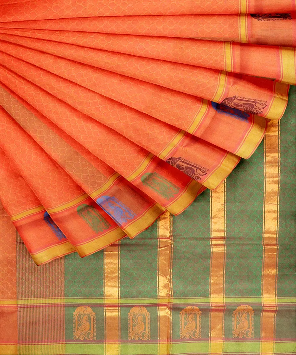 Orange plain butta handwoven rajahmundry cotton saree