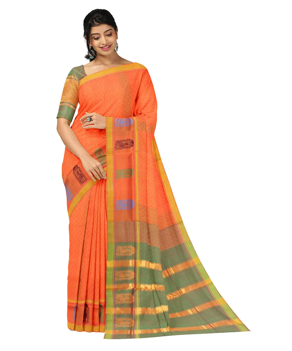 Orange plain butta handwoven rajahmundry cotton saree