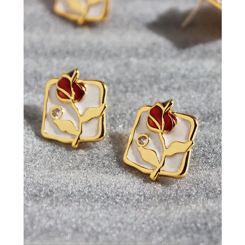 Original Handmade Enamel Cube Vintage Rose Stud Earrings