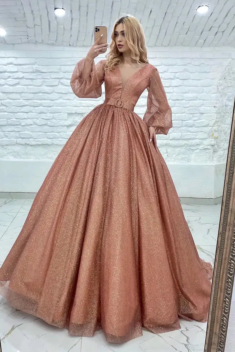 Pink Glitter Puff Sleeves Backless Evening Formal Gown