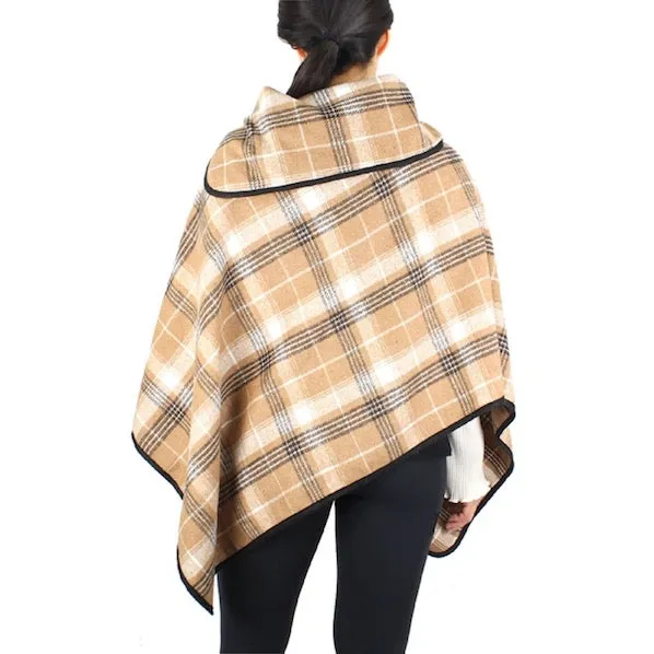 Plaid Check Patterned Coconut Button Poncho Wrap Shawl