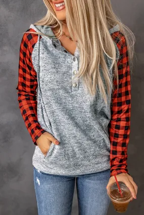 Plaid Quarter-Snap Hoodie with Pockets