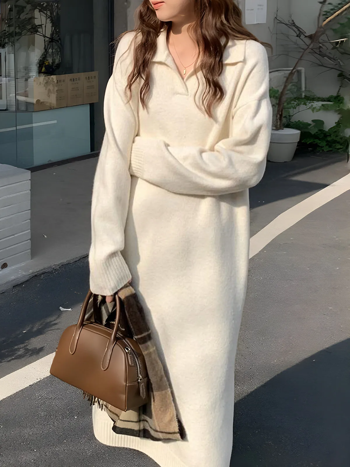 Polo Neck Loose Knit Midi Dress