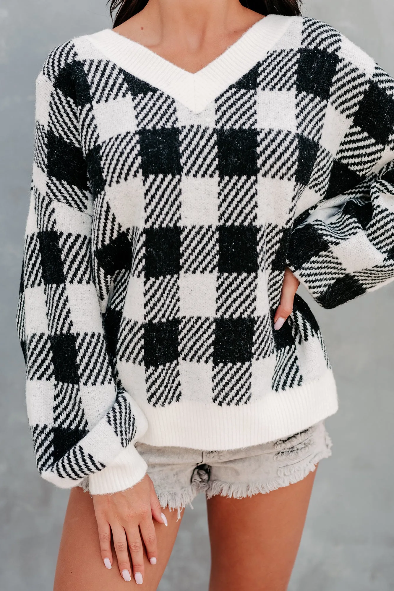 "Breaking Plaid" Plaid V-Neck Sweater (Black)