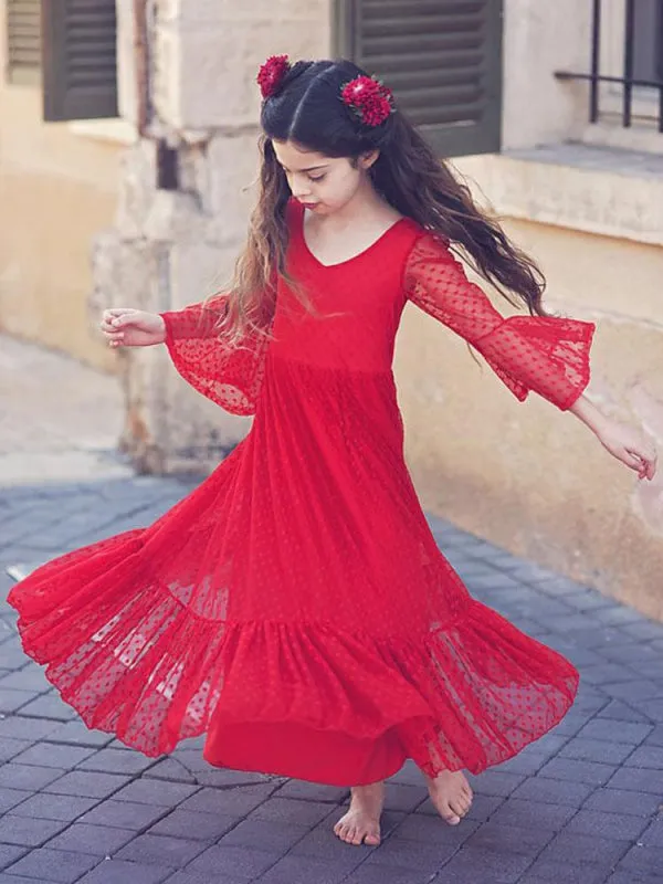 Red V-Neck Long Sleeves Ankle-Length A-Line Lace Formal Kids Party Dresses