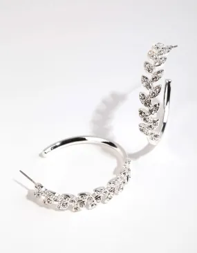 Rhodium Diamante Leaf Patterned Hoop Earrings