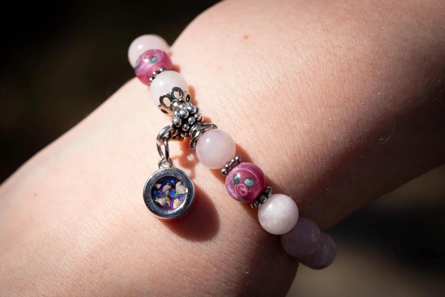 Rose Quartz and Rose-Patterned Glass Healing Bracelet with Cremation Ashes