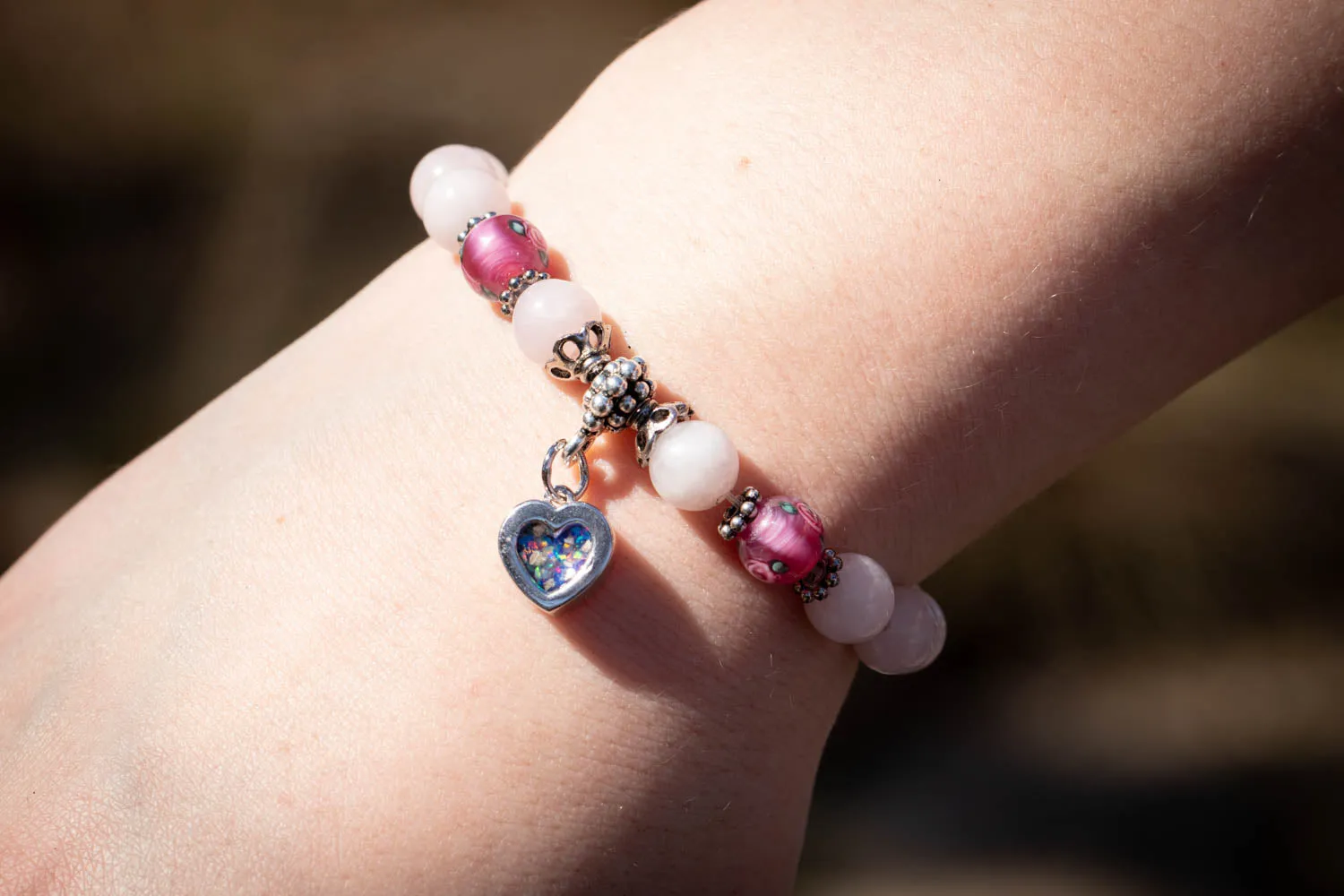 Rose Quartz and Rose-Patterned Glass Healing Bracelet with Cremation Ashes