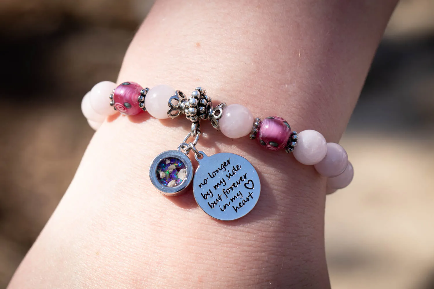 Rose Quartz and Rose-Patterned Glass Healing Bracelet with Cremation Ashes