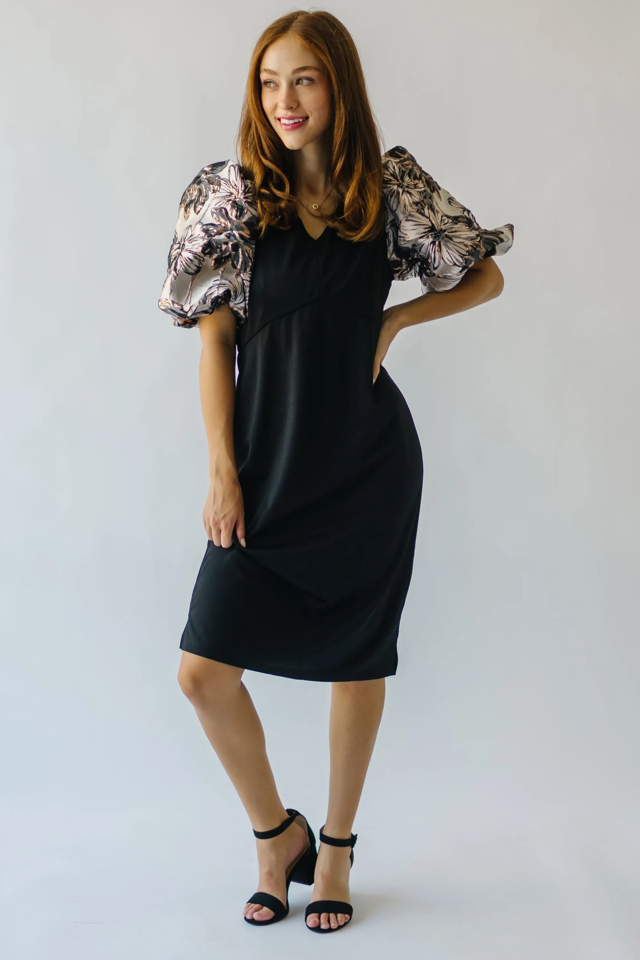 The Brigston Patterned Puff Sleeve Dress in Black