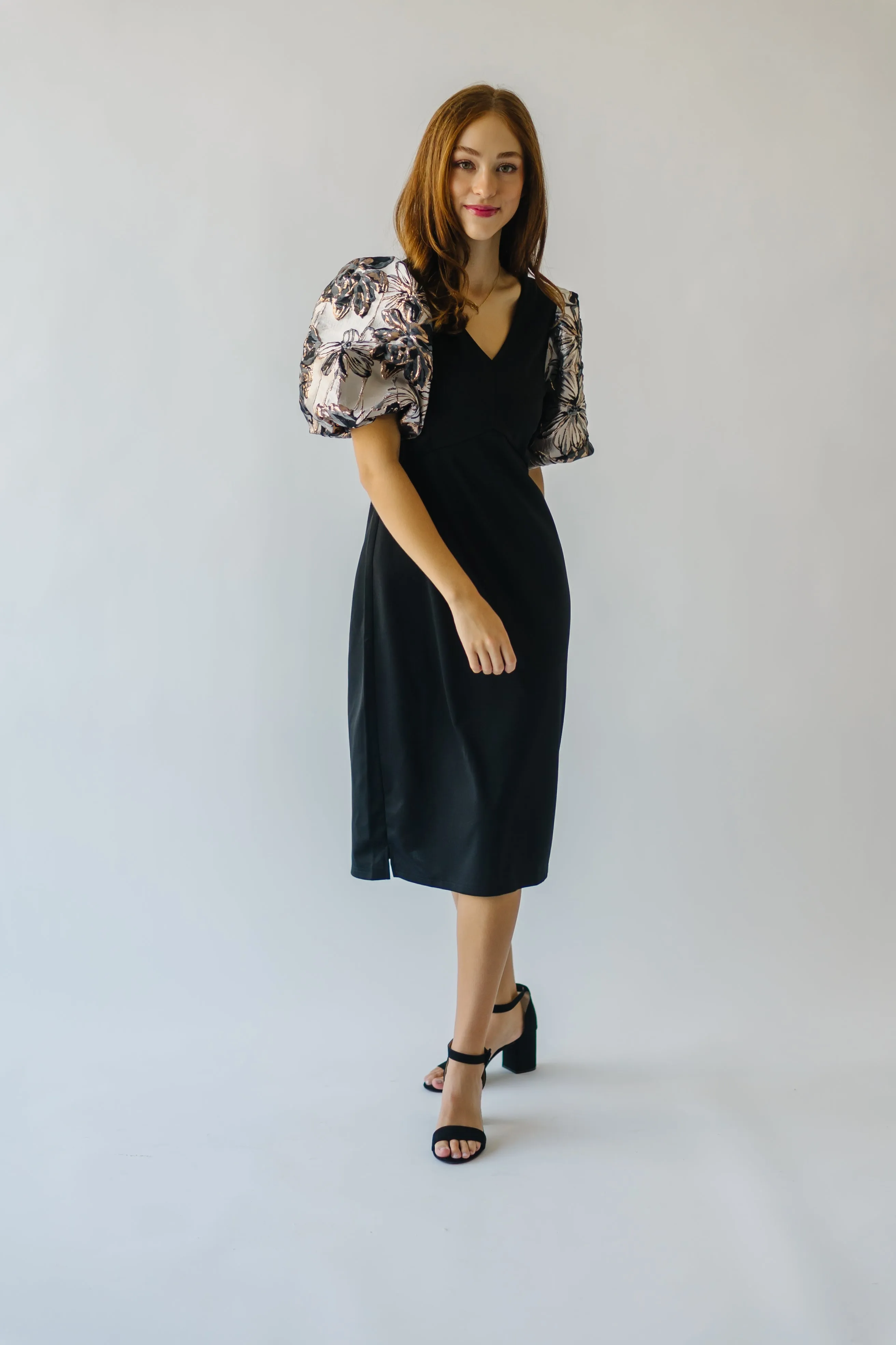 The Brigston Patterned Puff Sleeve Dress in Black