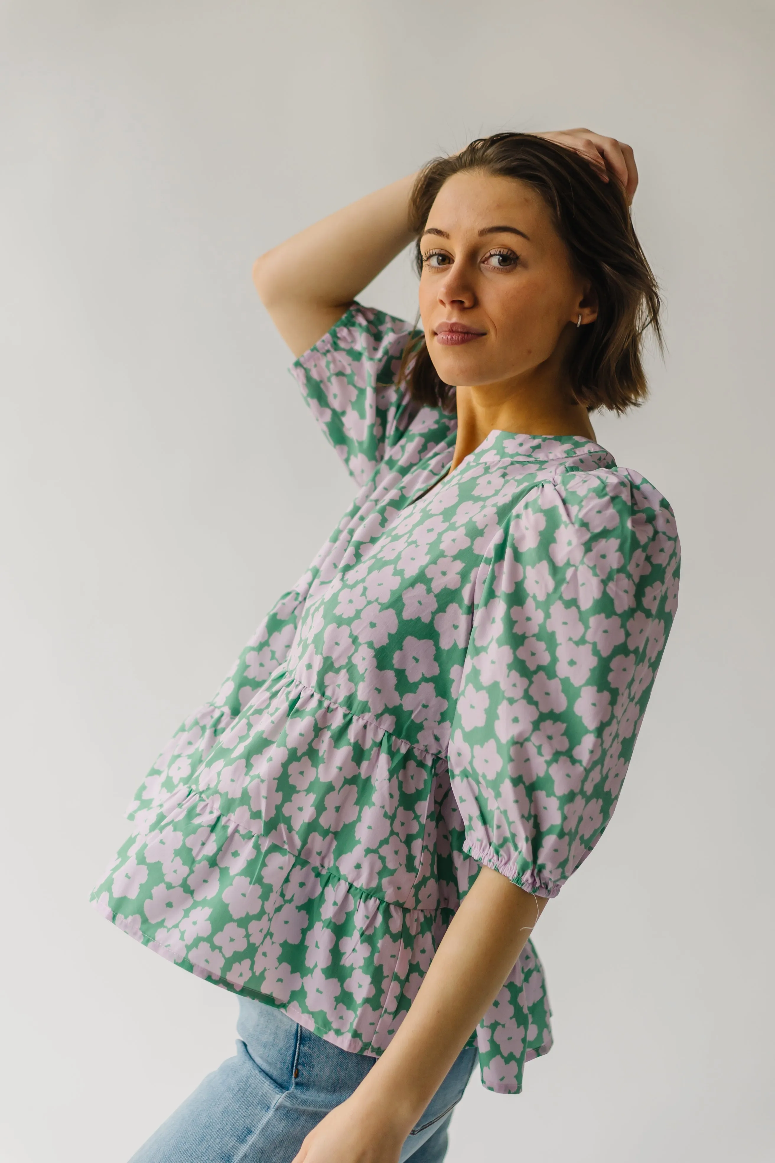 The Everman Patterned Peplum Blouse in Green