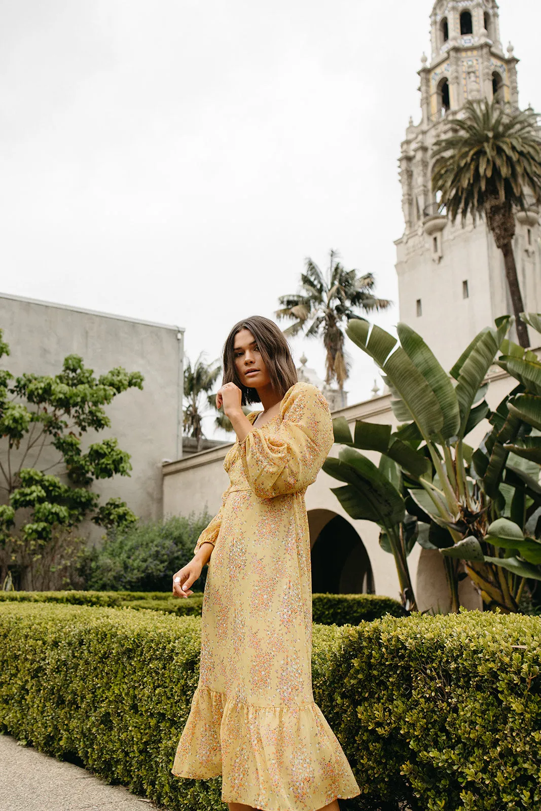 The Ferndale Patterned Midi Dress in Yellow Floral