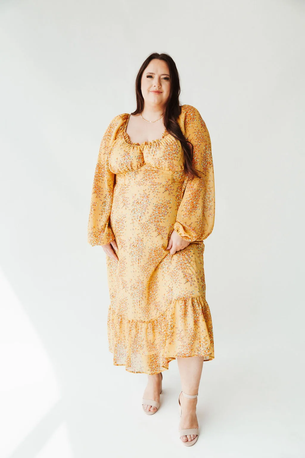 The Ferndale Patterned Midi Dress in Yellow Floral