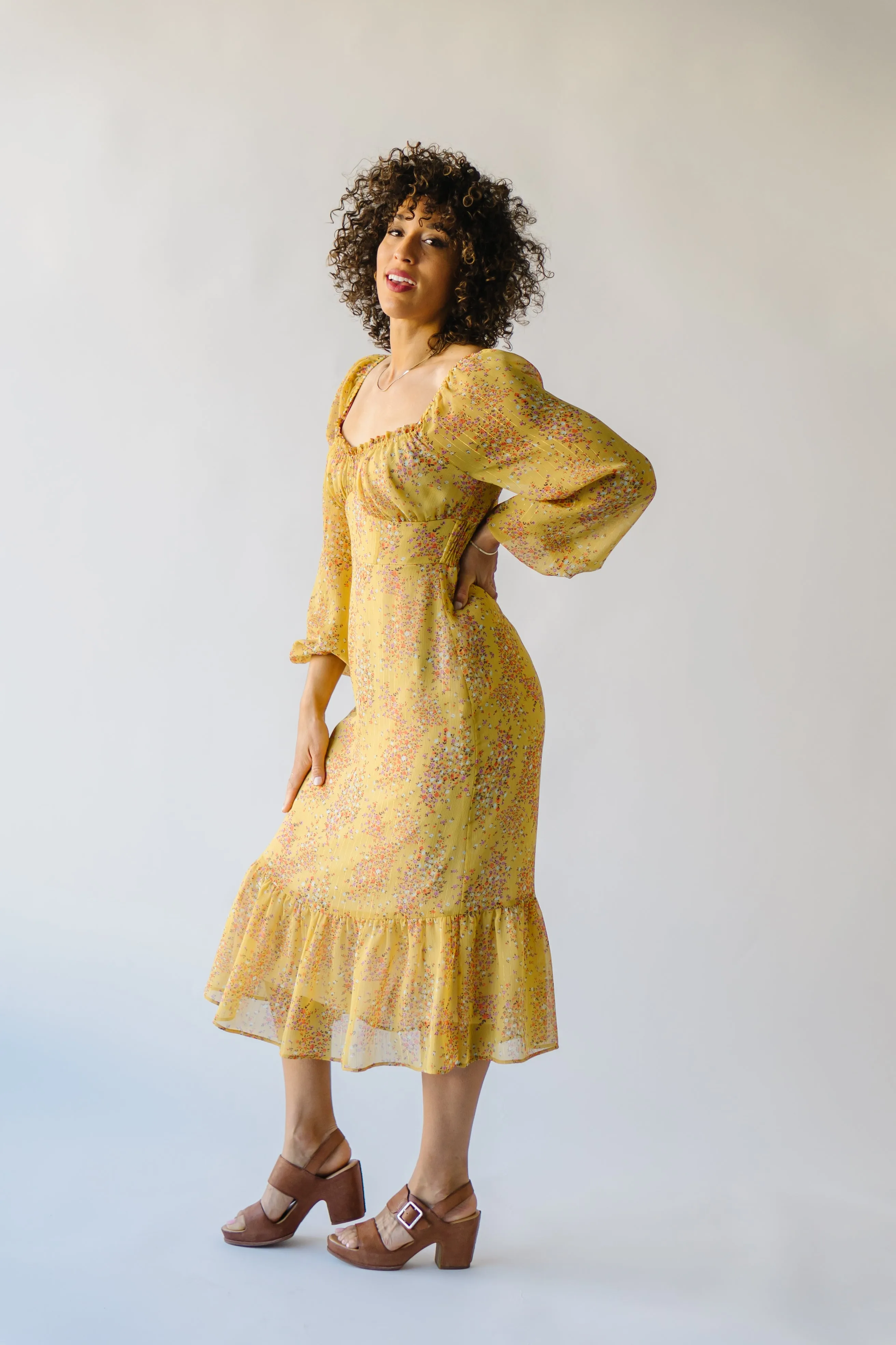 The Ferndale Patterned Midi Dress in Yellow Floral