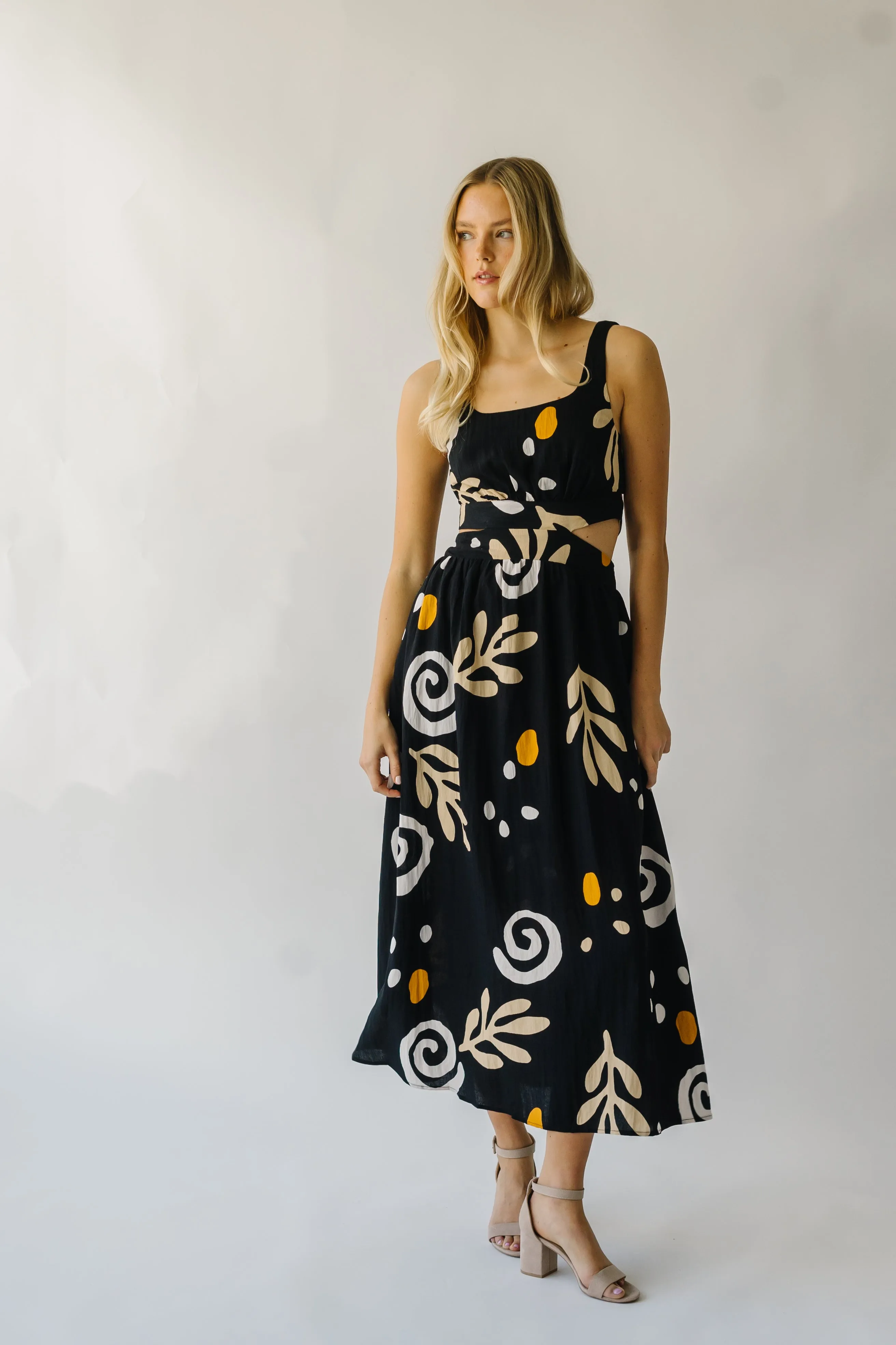 The Nunez Patterned Cutout Midi Dress in Black