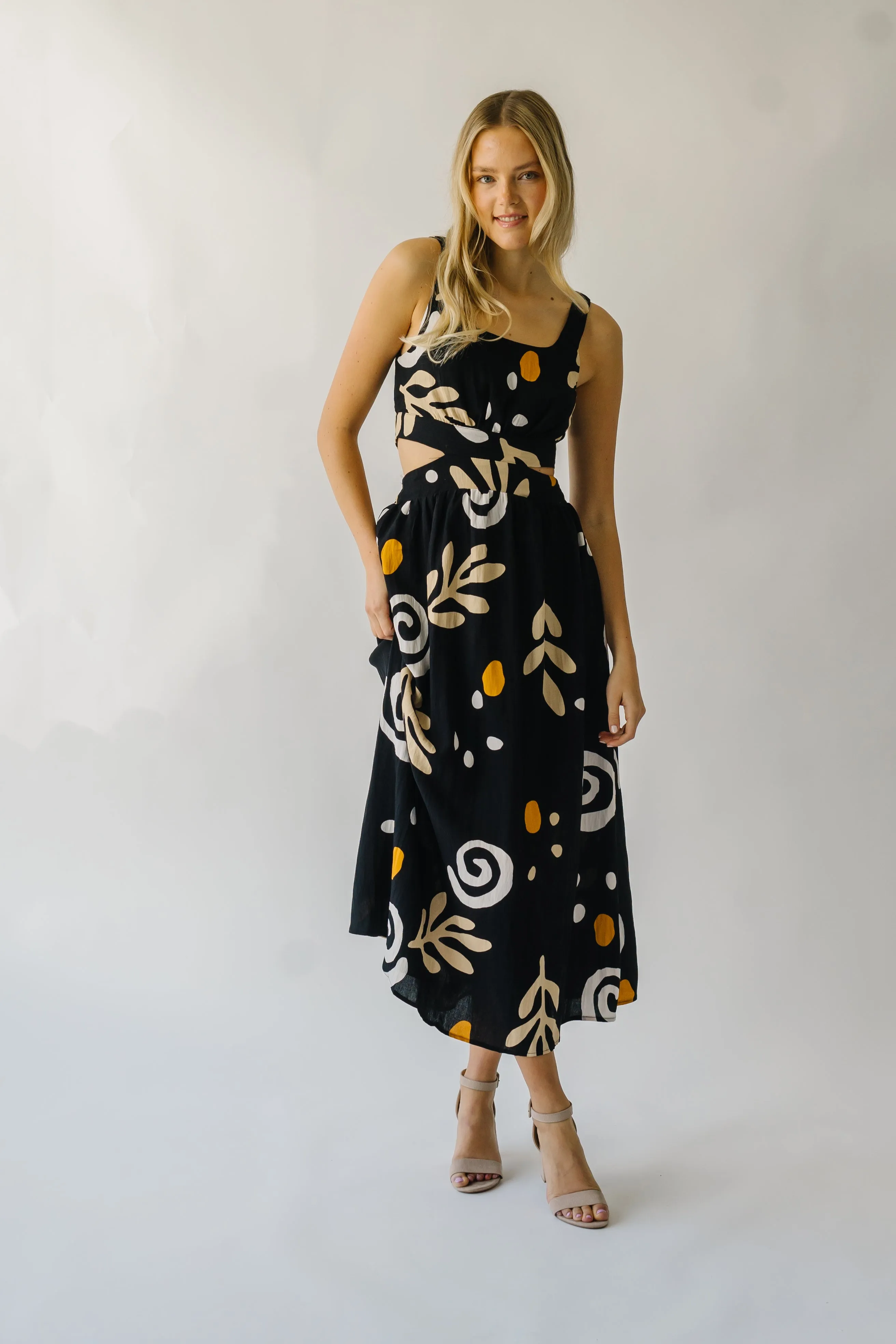 The Nunez Patterned Cutout Midi Dress in Black