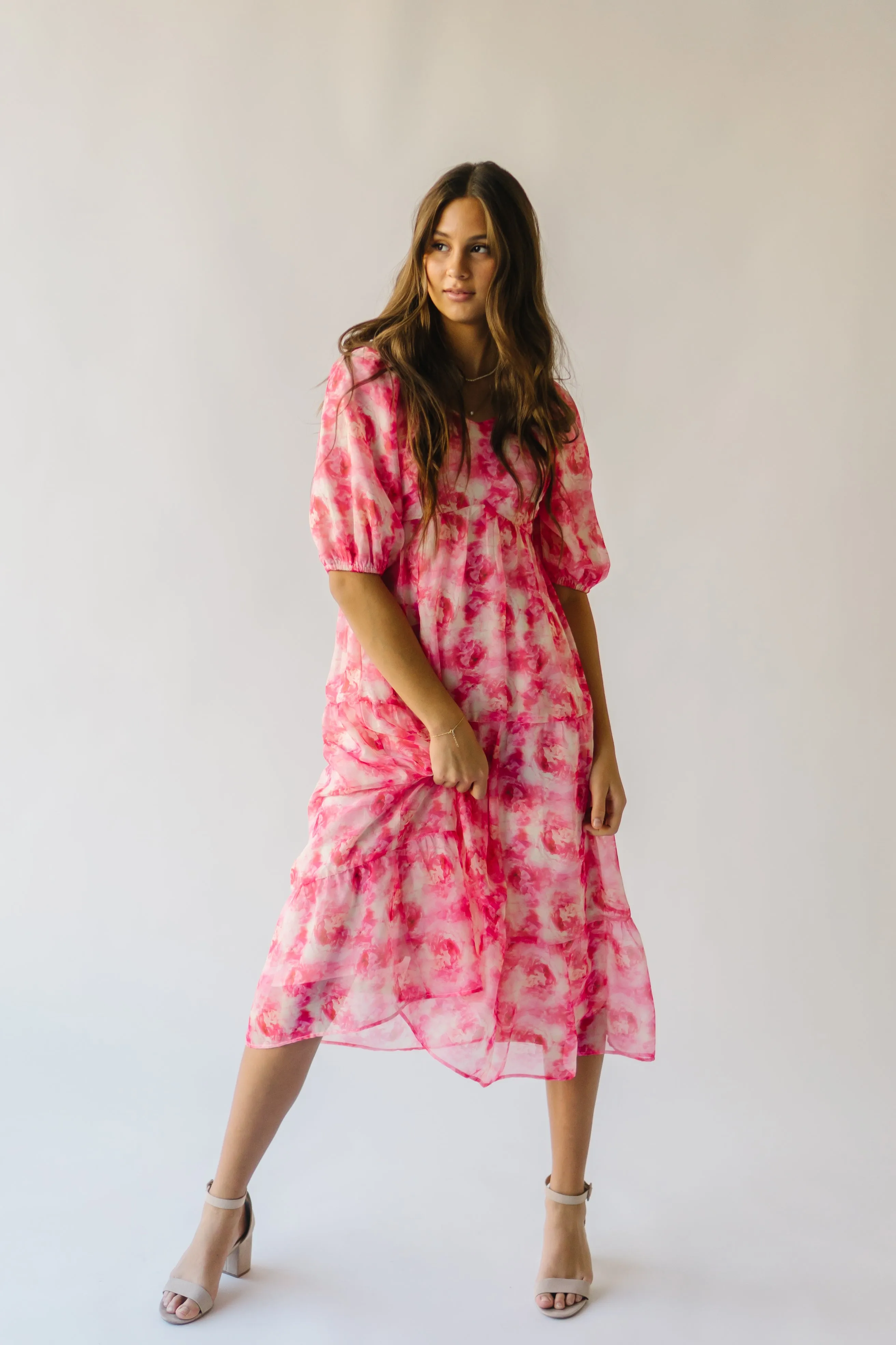 The Sardoni Patterned Midi Dress in Pink Floral