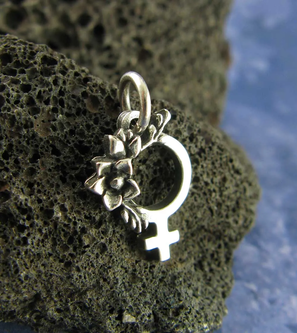 Tiny Feminist Symbol Pendant or Charm with Flowers, Handmade