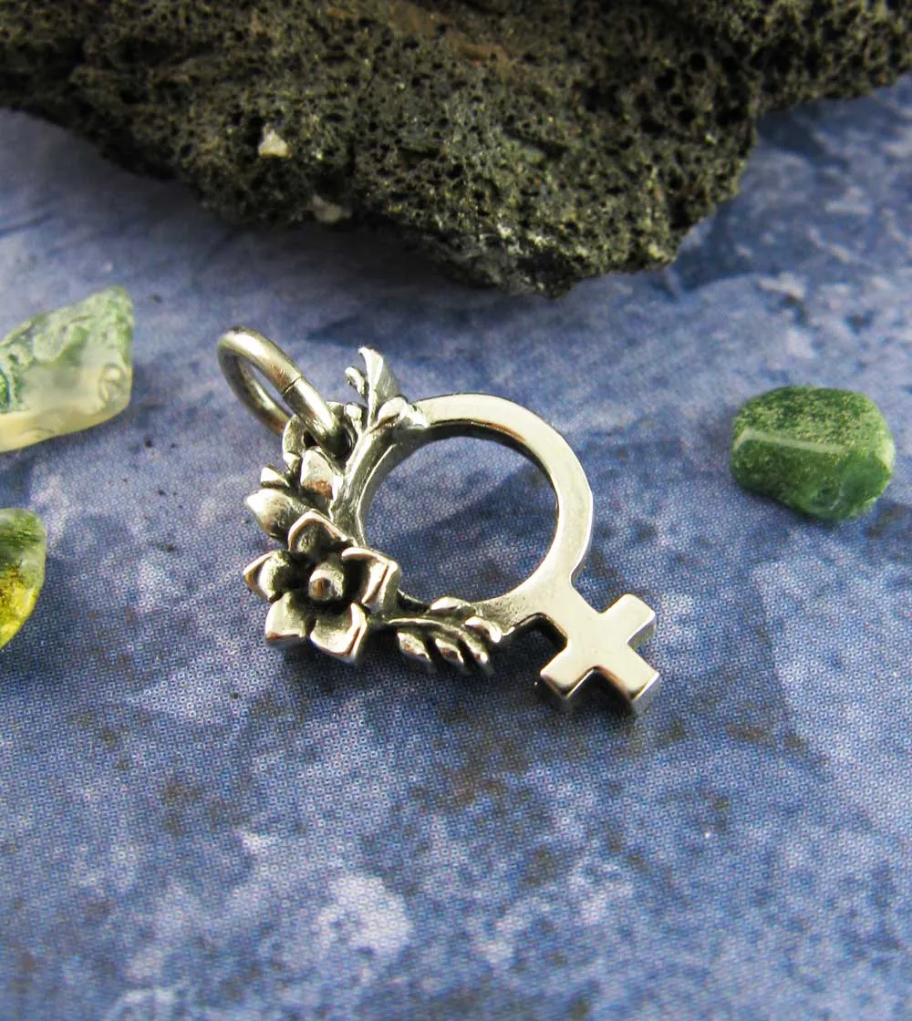 Tiny Feminist Symbol Pendant or Charm with Flowers, Handmade