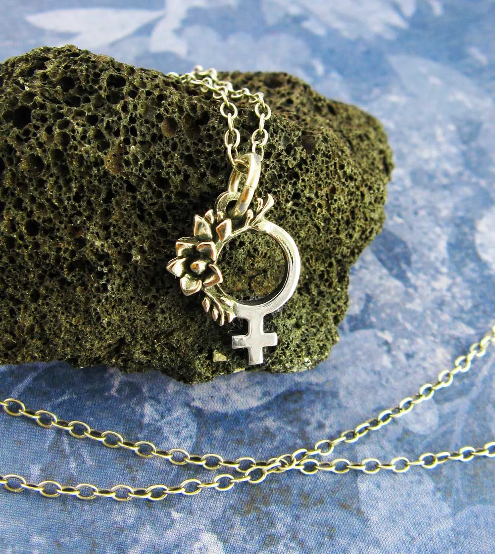 Tiny Feminist Symbol Pendant or Charm with Flowers, Handmade