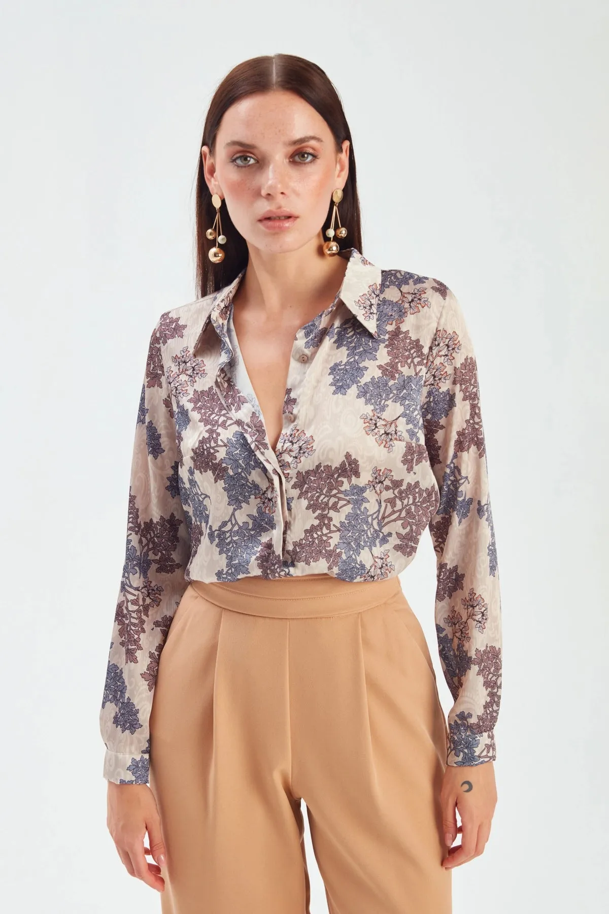 Tree Patterned Loose Silk Shirt - Beige