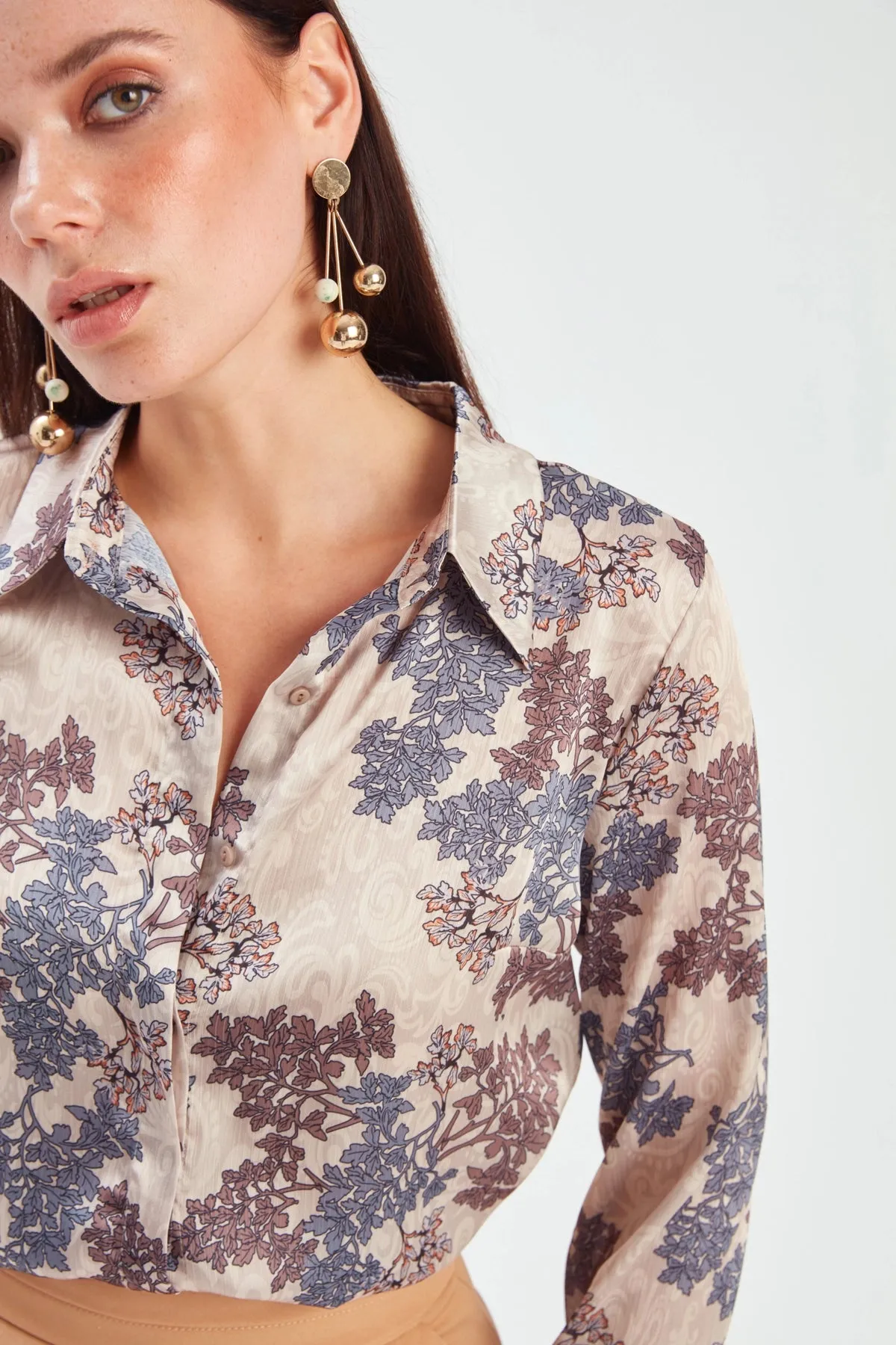 Tree Patterned Loose Silk Shirt - Beige