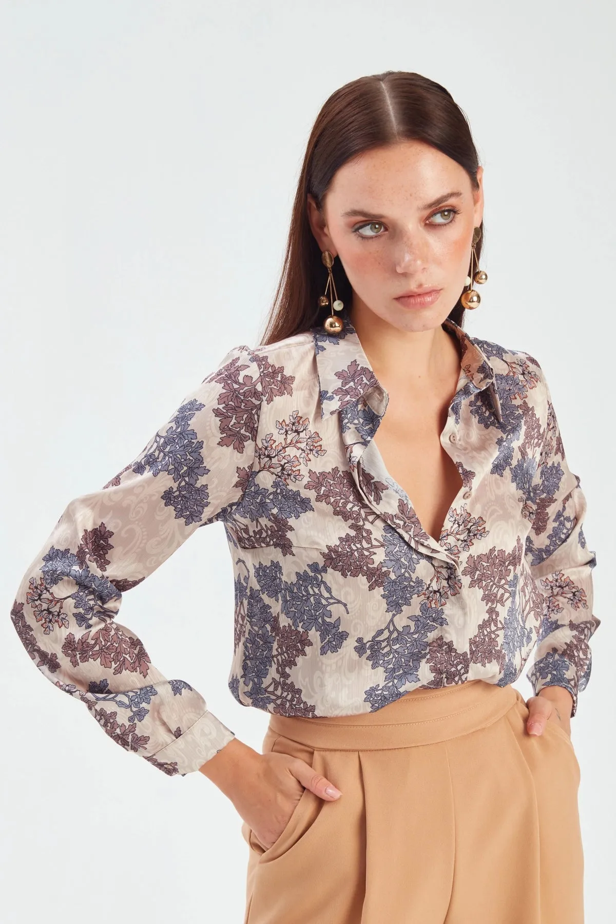 Tree Patterned Loose Silk Shirt - Beige