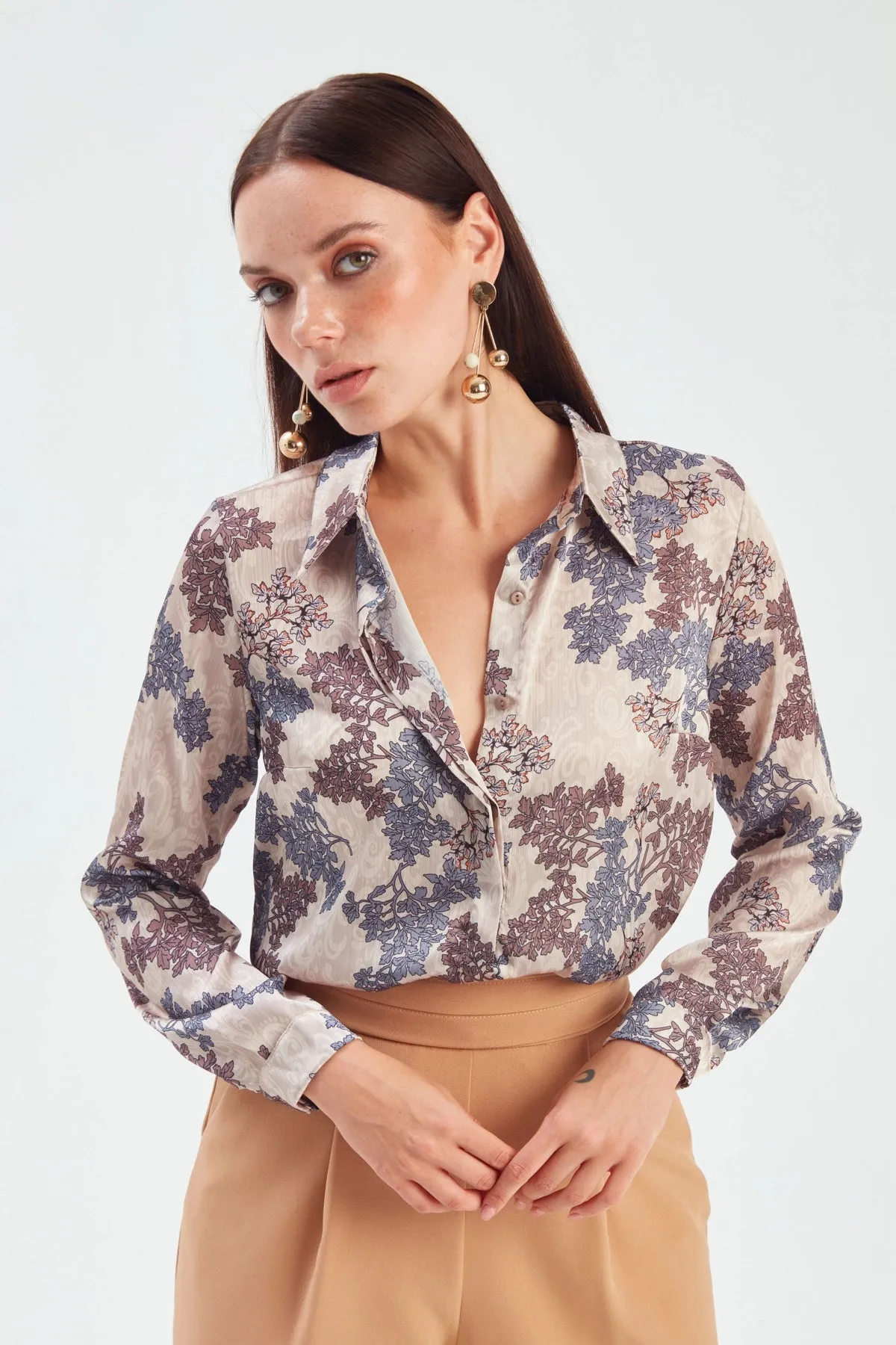 Tree Patterned Loose Silk Shirt - Beige