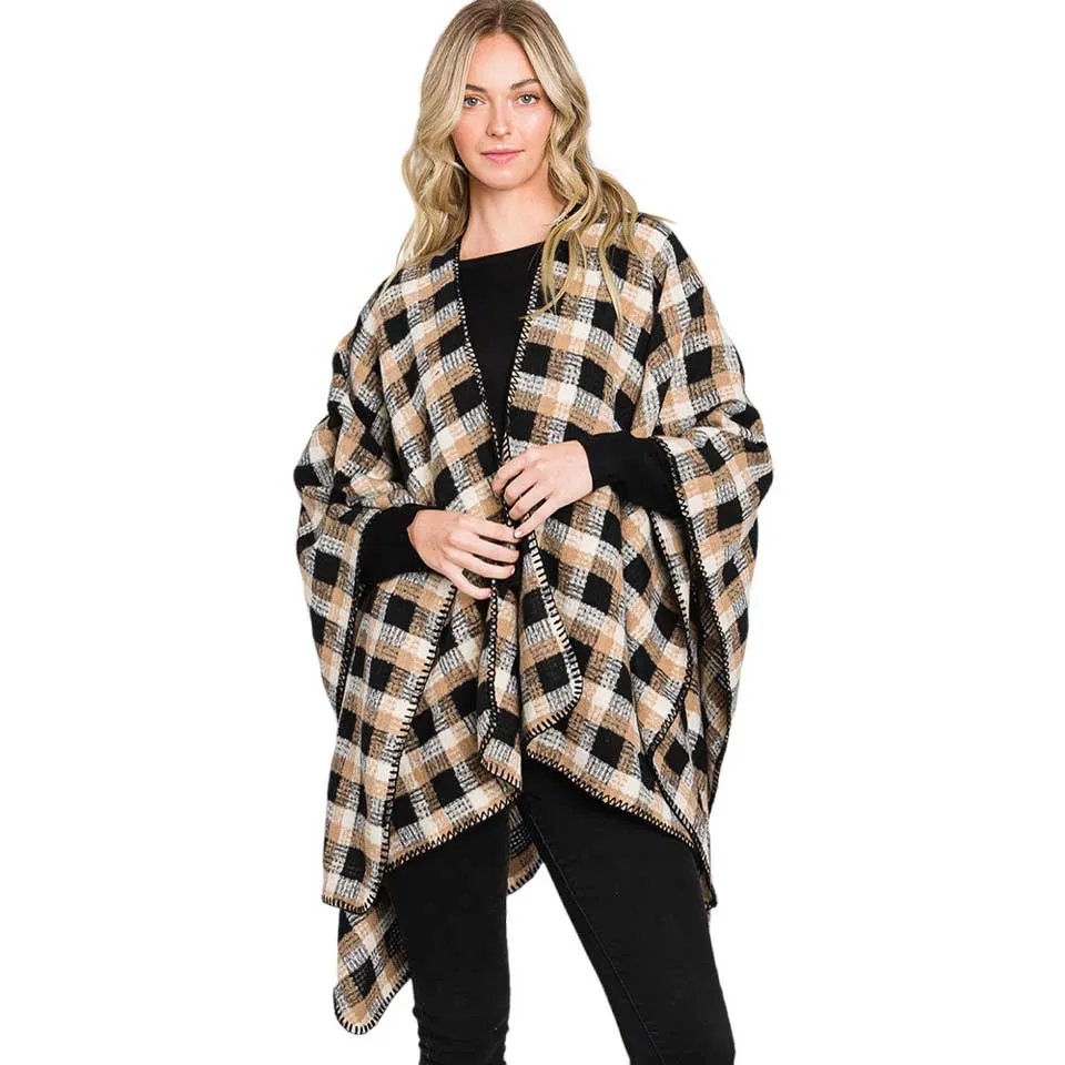 Trendy Plaid Check Patterned Ruana Poncho